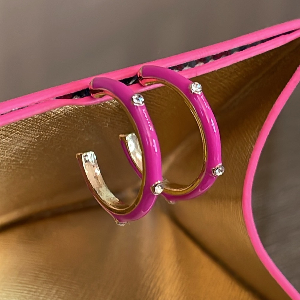 Boutique Style Hot Pink - Fuchsia Enamel Hoops with Rhinestone Accents. - Picture 11 of 16